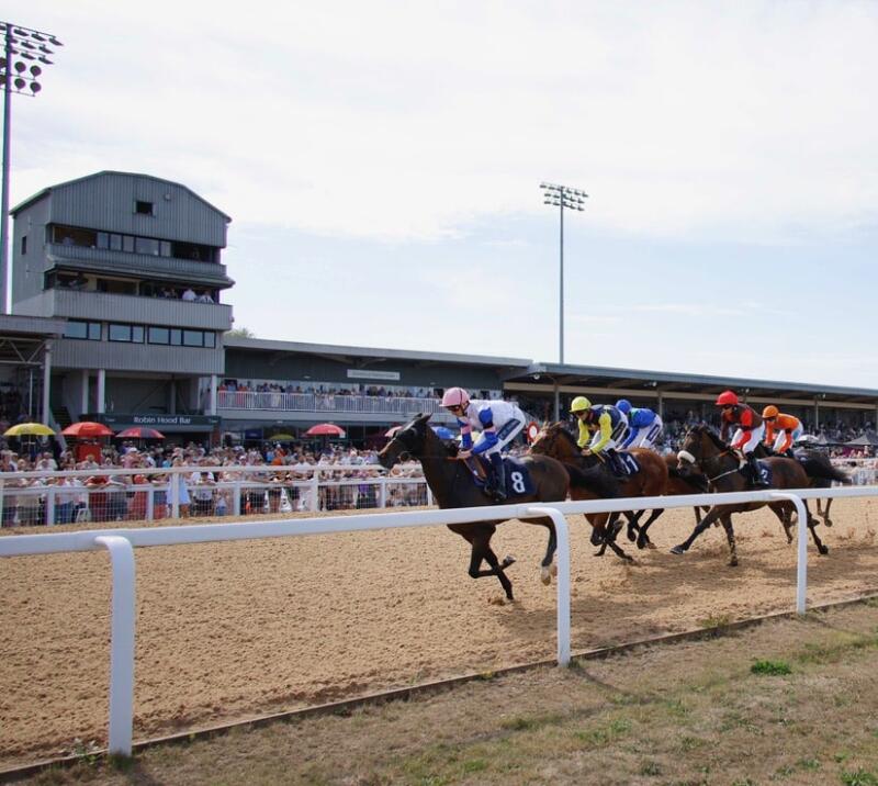 Race horses speed past the packed grandstands at Southwell Races