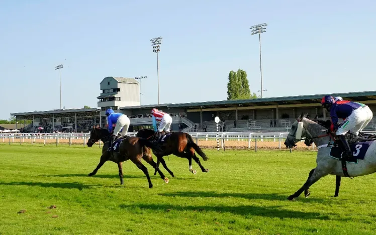 Horses racing down the track past the grandstand at Southwell